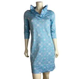 Gretchen Scott XS Aqua Blue Geometric Print Tunic Dress Ruffle Neck Collar